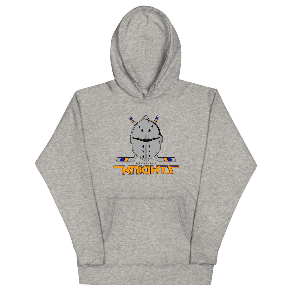 Nashville Knights 1989 Hoodie (Premium) with the grey knight helmet over orange lettering on the front, view 2