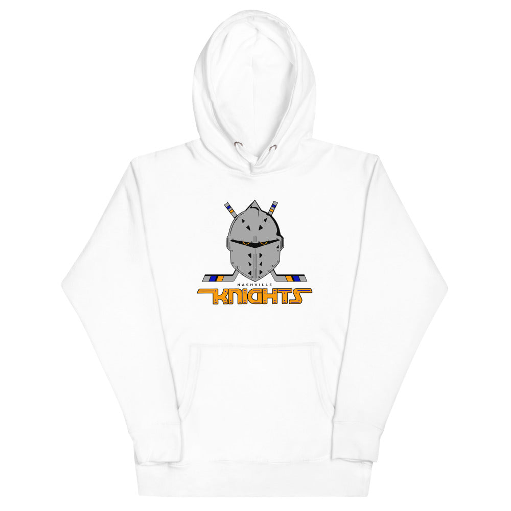 Nashville Knights 1989 Hoodie (Premium) with the grey knight helmet over orange lettering on the front, view 3