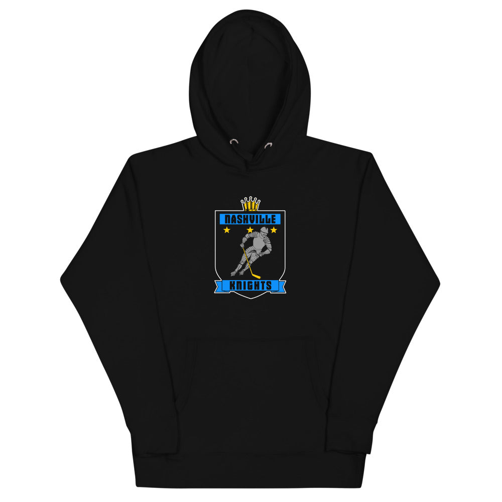 Nashville Knights 1993 Hoodie (Premium) with the crowned shield with a skater in blue banners on the front
