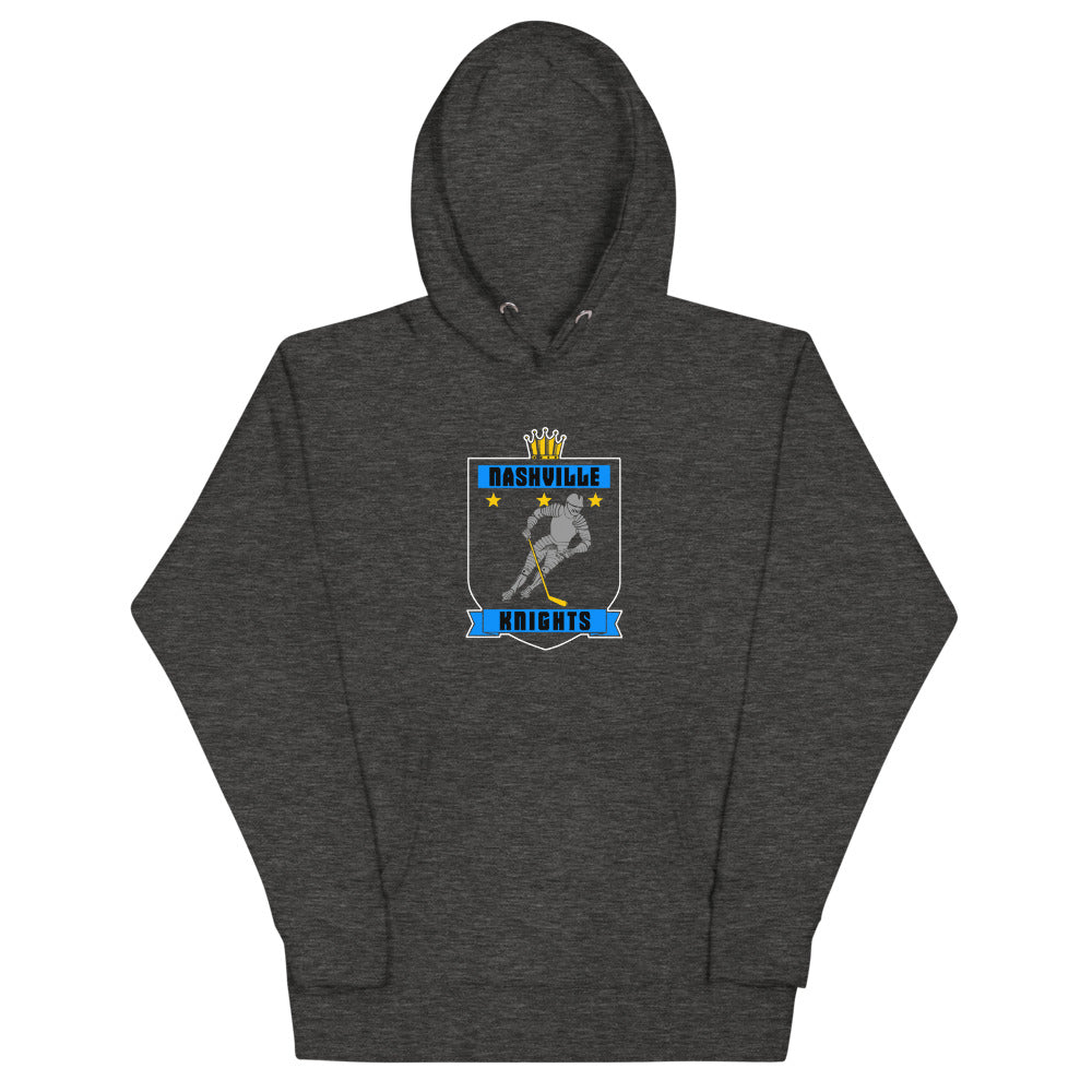 Nashville Knights 1993 Hoodie (Premium) with the crowned shield with a skater in blue banners on the front, view 2