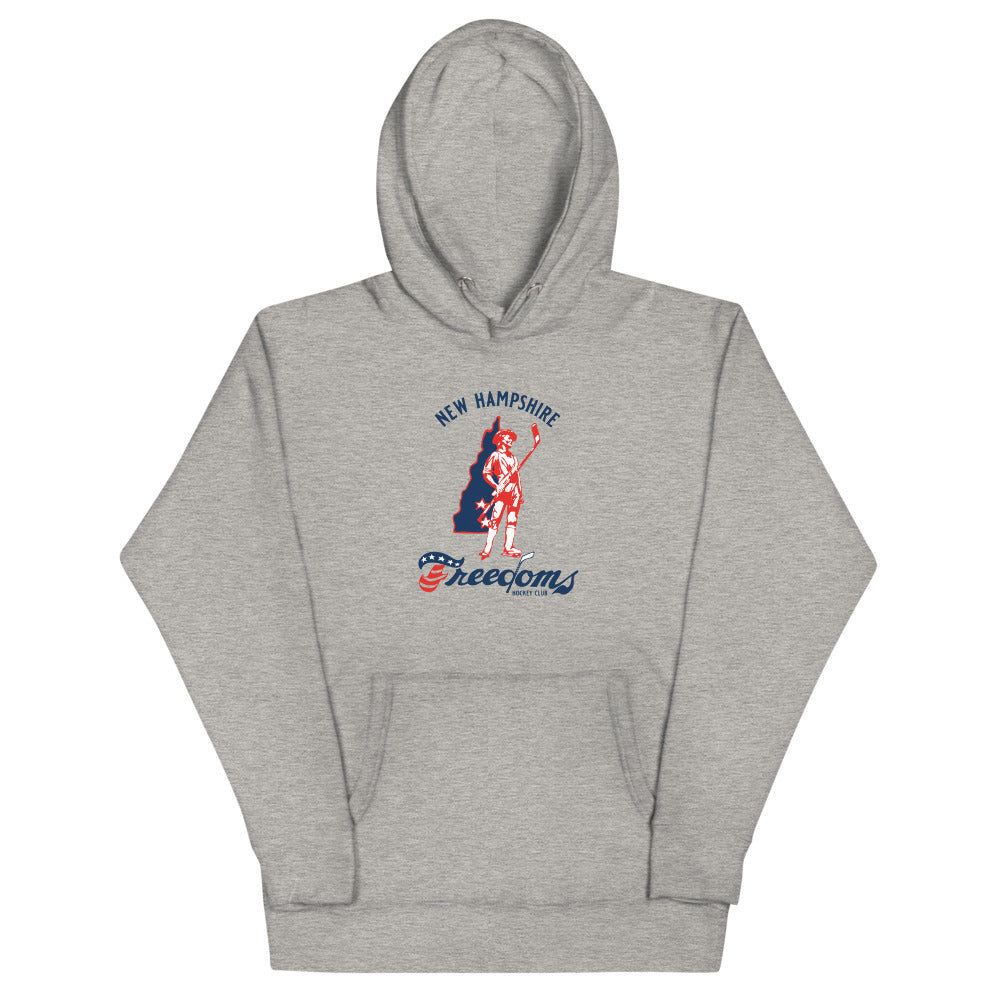 New Hampshire Freedoms Hoodie (Premium) with the patriot skater over red script on the front, view 2