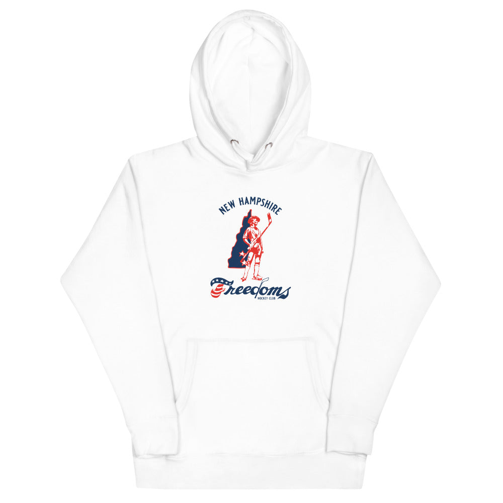 New Hampshire Freedoms Hoodie (Premium) with the patriot skater over red script on the front