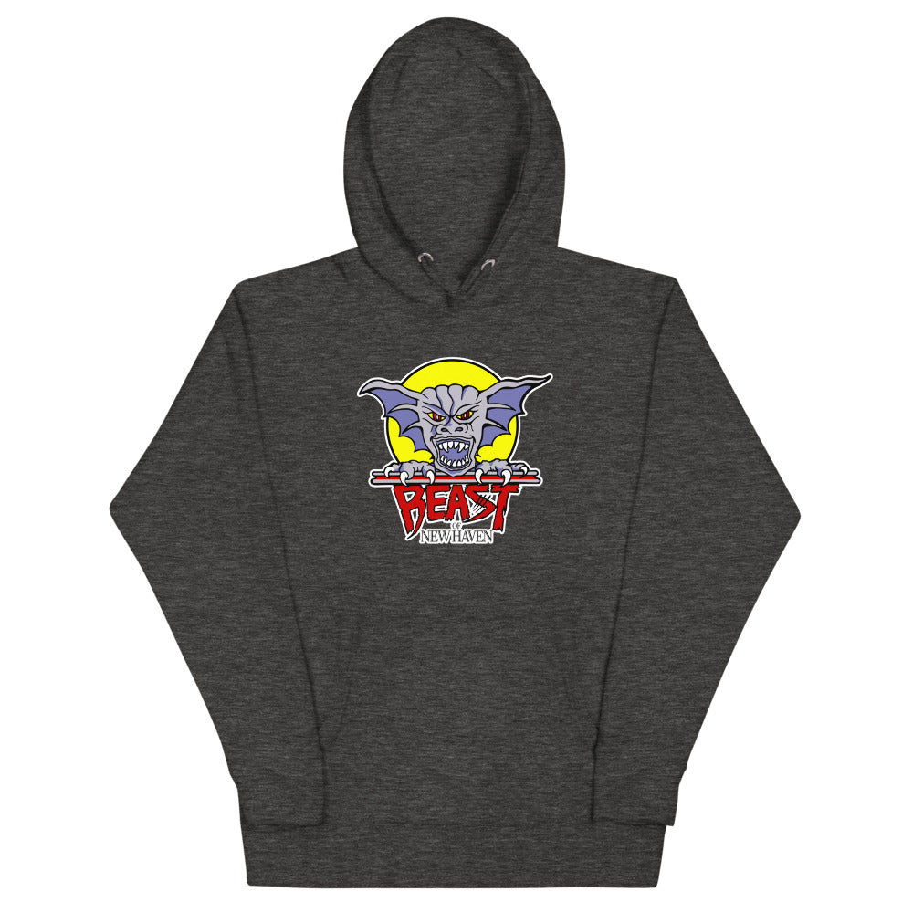 New Haven Beast Hoodie (Premium) with the purple gargoyle over a red wordmark on the front, view 3