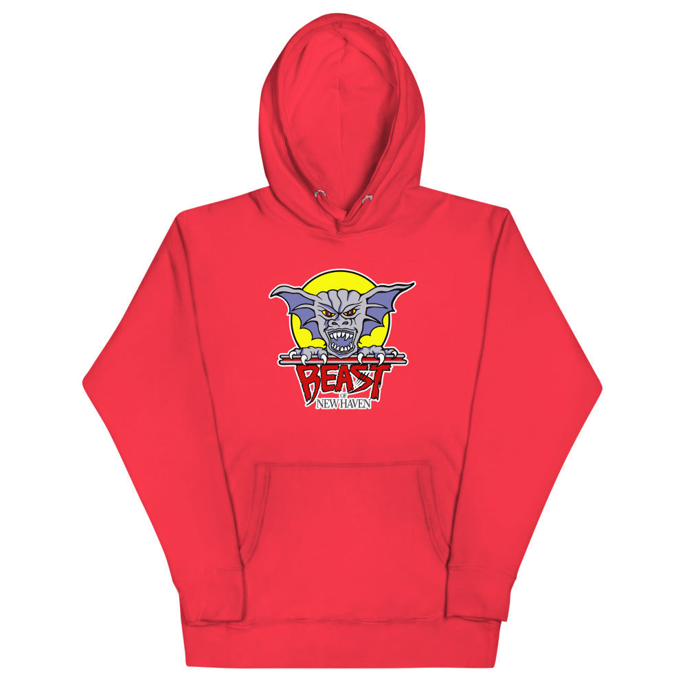 New Haven Beast Hoodie (Premium) with the purple gargoyle over a red wordmark on the front, view 4