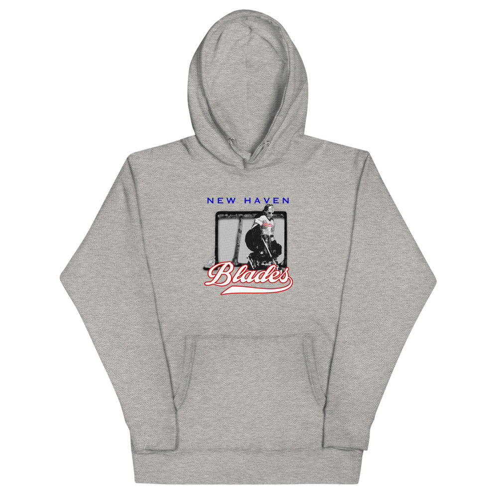 New Haven Blades Goalie Hoodie (Premium) with the goalie in net over red script on the front