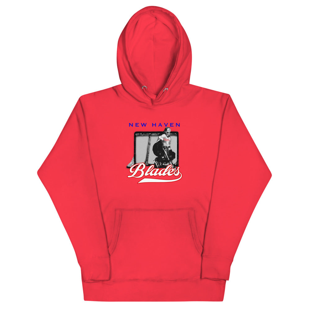 New Haven Blades Goalie Hoodie (Premium) with the goalie in net over red script on the front, view 3