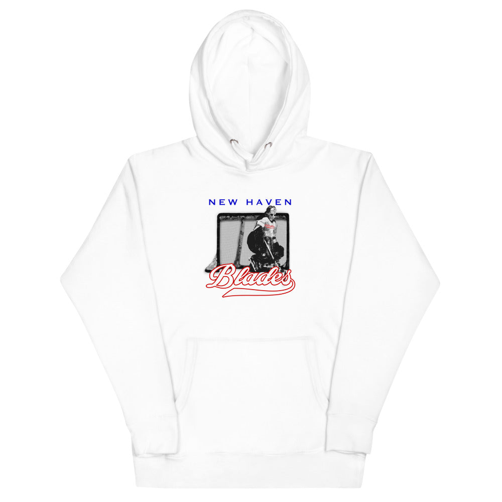 New Haven Blades Goalie Hoodie (Premium) with the goalie in net over red script on the front, view 2