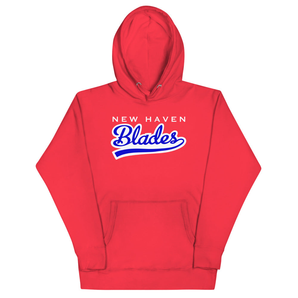 New Haven Blades Red Hoodie (Premium) with the blue script with a white outline and tail on the front