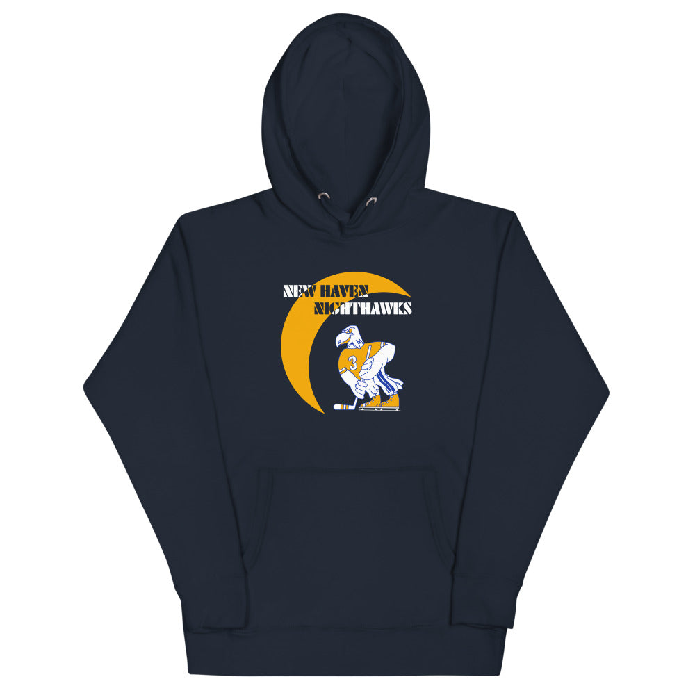 New Haven Nighthawks 1970s Hoodie (Premium) with the nighthawk skater under a gold crescent moon on the front, view 2