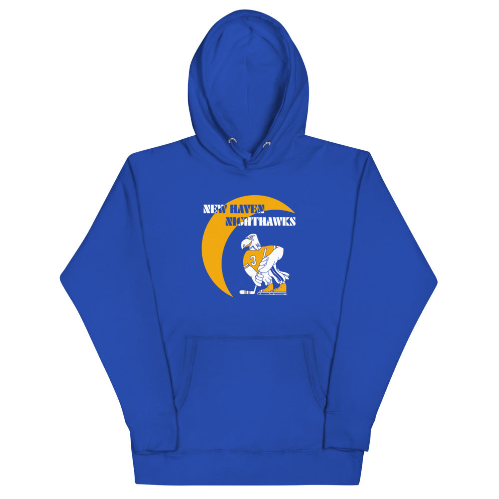 New Haven Nighthawks 1970s Hoodie (Premium) with the nighthawk skater under a gold crescent moon on the front
