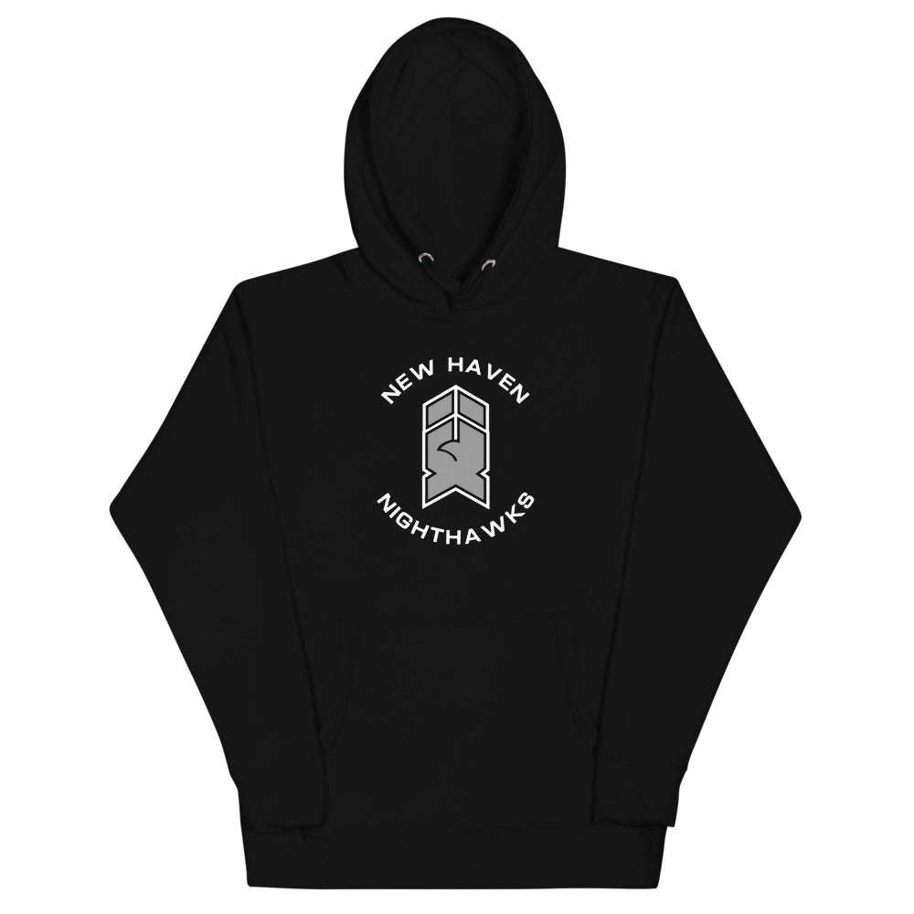 New Haven Nighthawks 1990s Hoodie (Premium) with the silver stylized N logo in arched text on the front