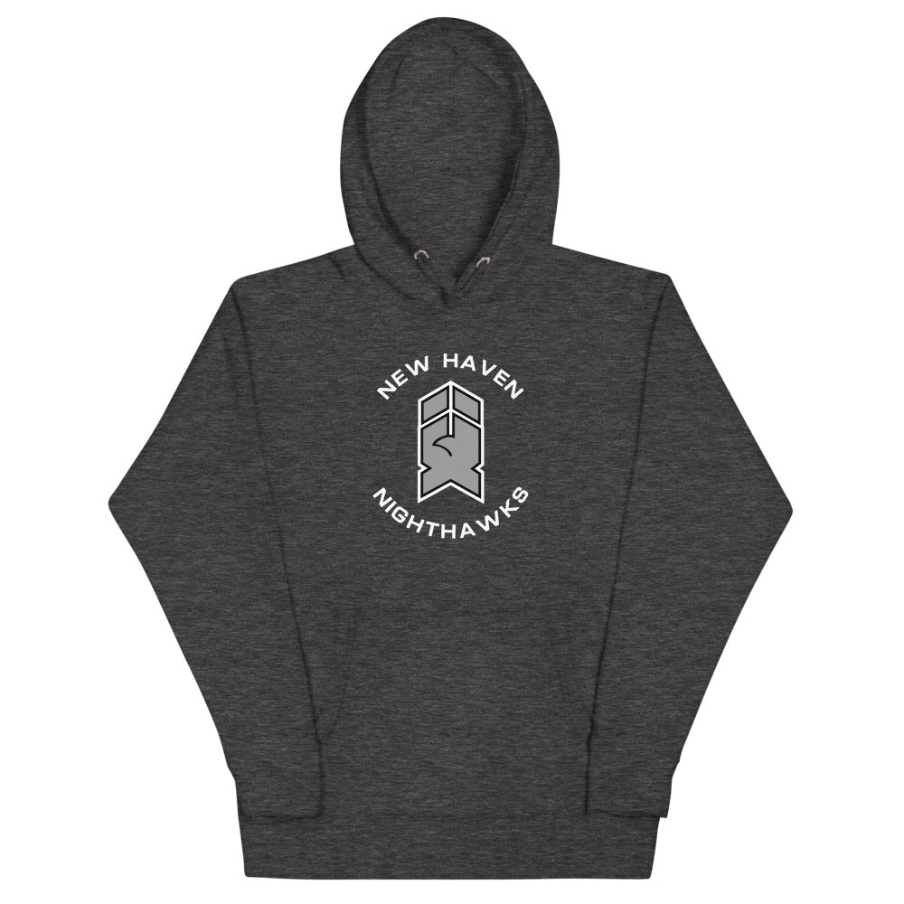 New Haven Nighthawks 1990s Hoodie (Premium) with the silver stylized N logo in arched text on the front, view 2