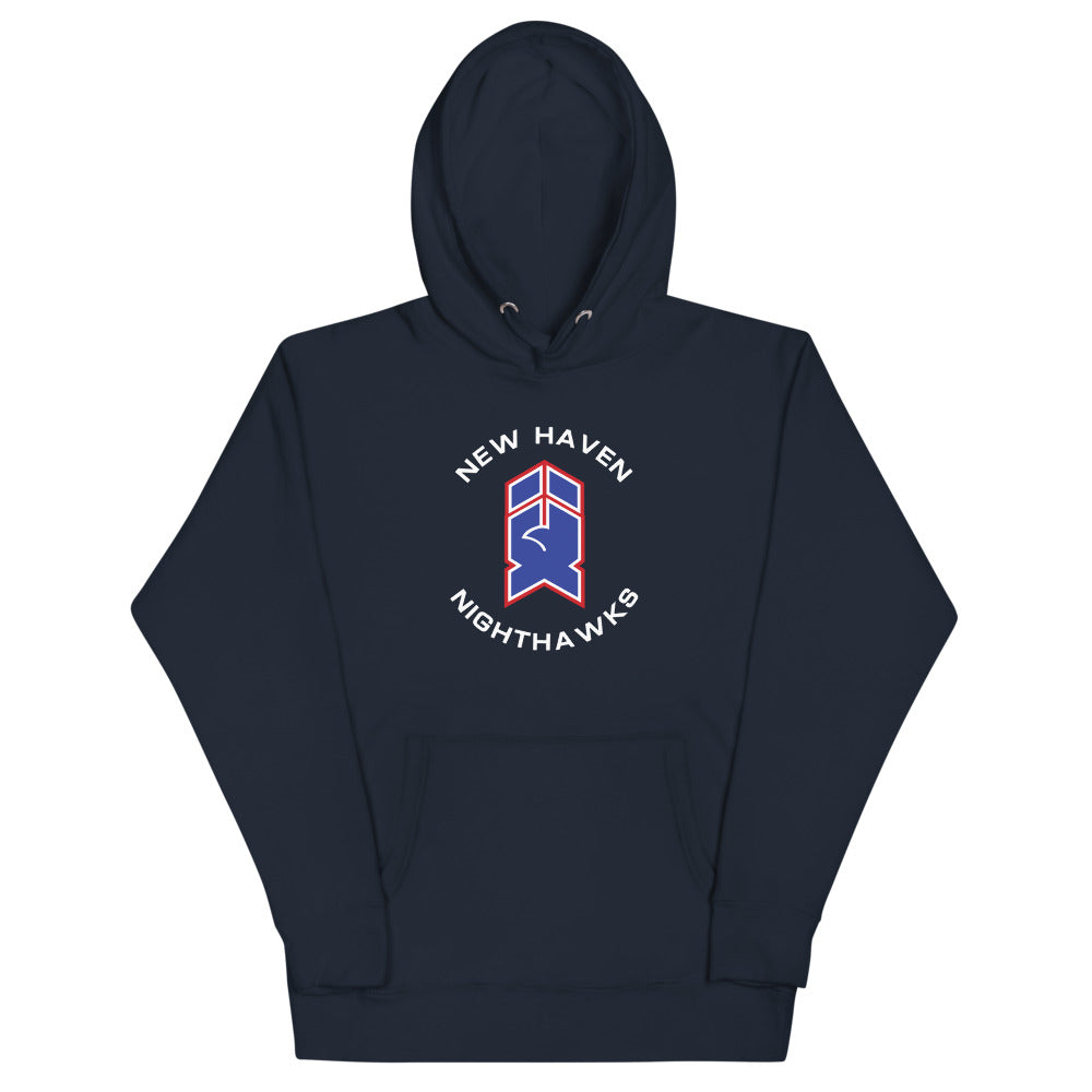 New Haven Nighthawks 1980s Hoodie (Premium) with the red and white stylized N logo in arched text on the front, view 3