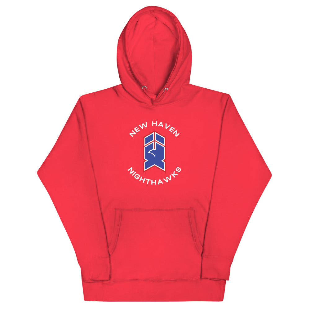 New Haven Nighthawks 1980s Hoodie (Premium) with the red and white stylized N logo in arched text on the front, view 2