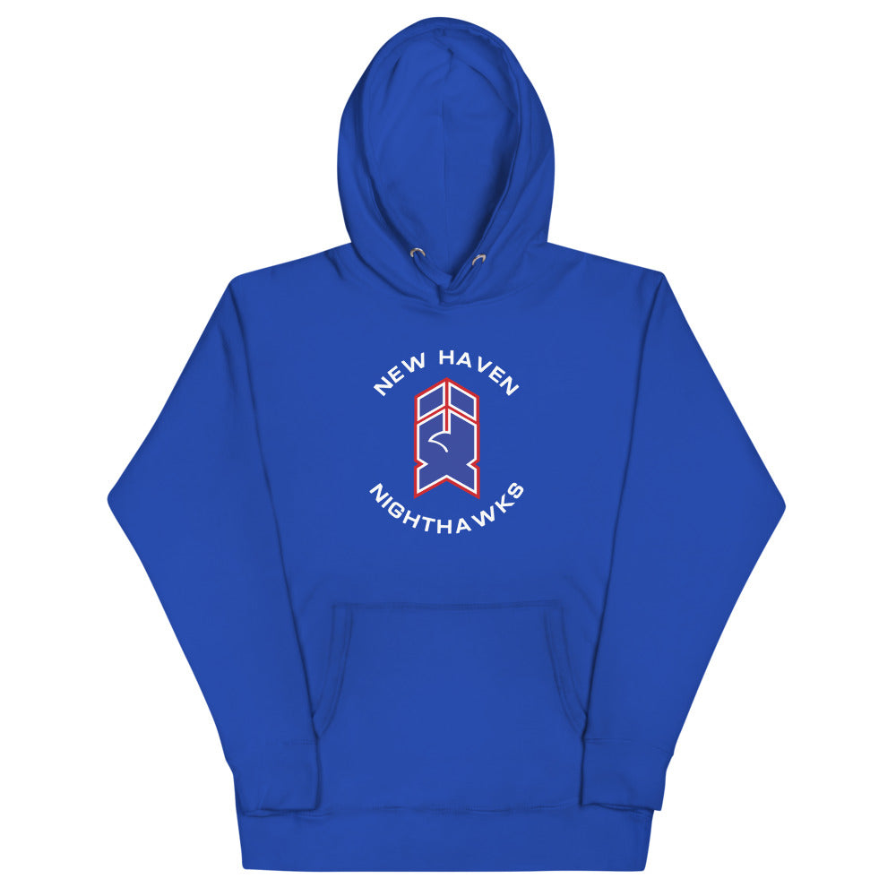 New Haven Nighthawks 1980s Hoodie (Premium) with the red and white stylized N logo in arched text on the front