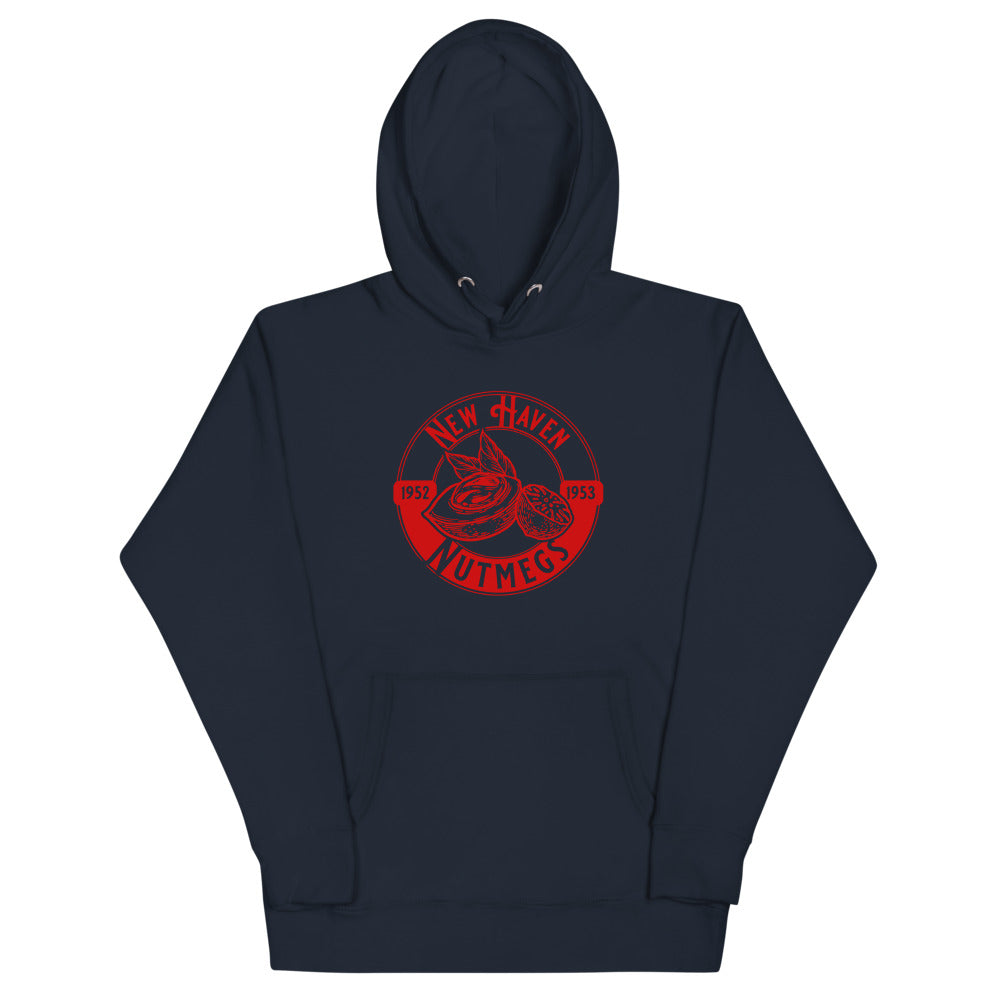 New Haven Nutmegs Hoodie (Premium) with the round red logo with a player and crossed sticks on the front