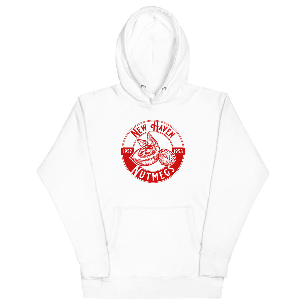 New Haven Nutmegs Hoodie (Premium) with the round red logo with a player and crossed sticks on the front, view 4