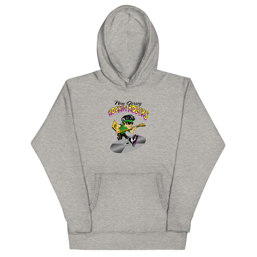 New Jersey Rockin Rollers Hoodie (Premium) with the cartoon skater under purple and yellow script on the front