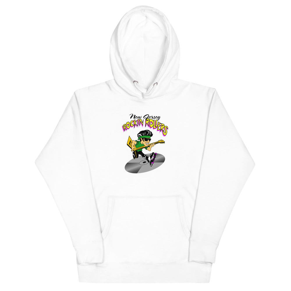 New Jersey Rockin Rollers Hoodie (Premium) with the cartoon skater under purple and yellow script on the front, view 2