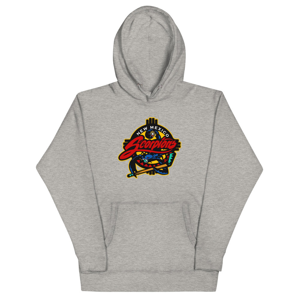 New Mexico Scorpions 1990s Hoodie (Premium) with the scorpion wrapped around yellow script on the front, view 2