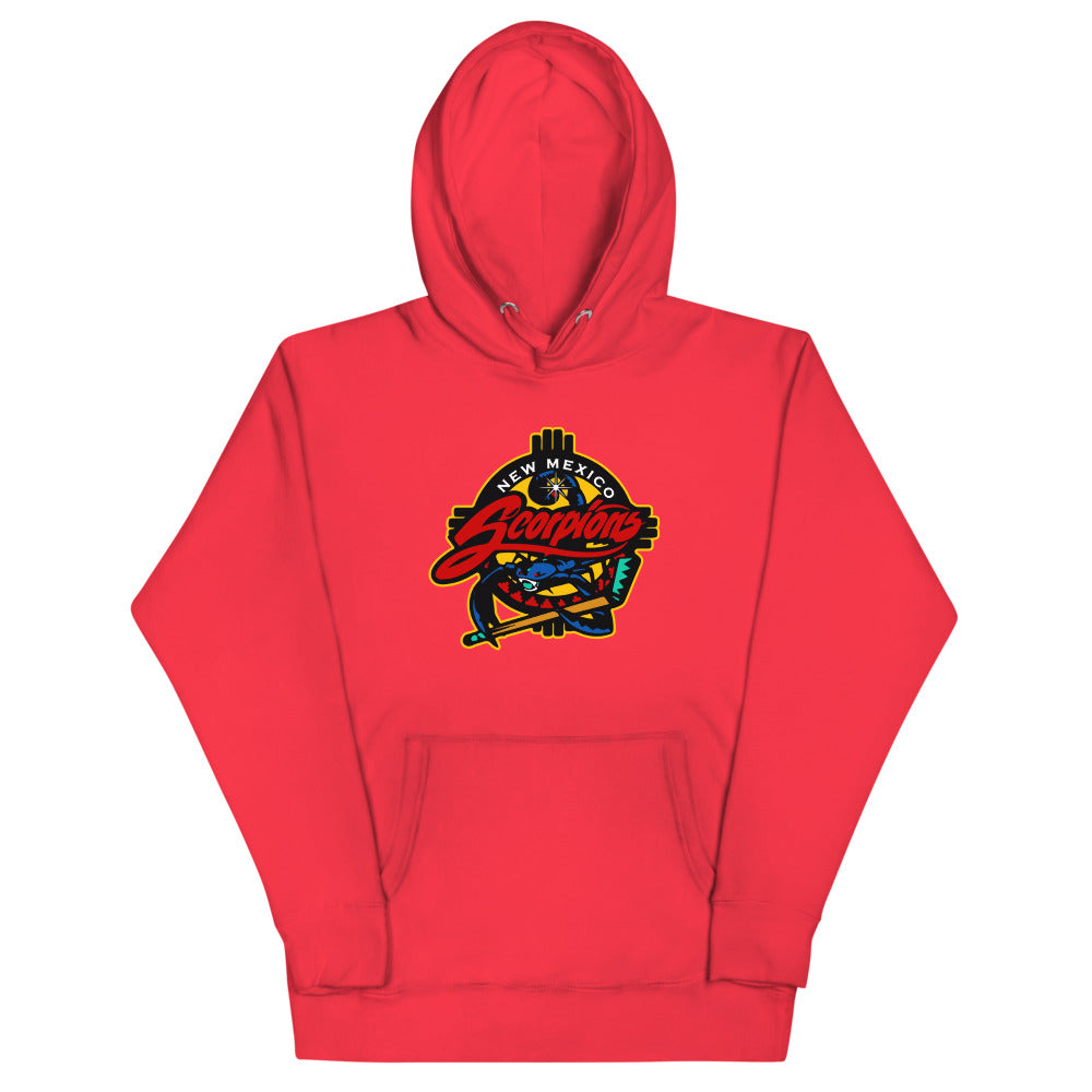 New Mexico Scorpions 1990s Hoodie (Premium) with the scorpion wrapped around yellow script on the front