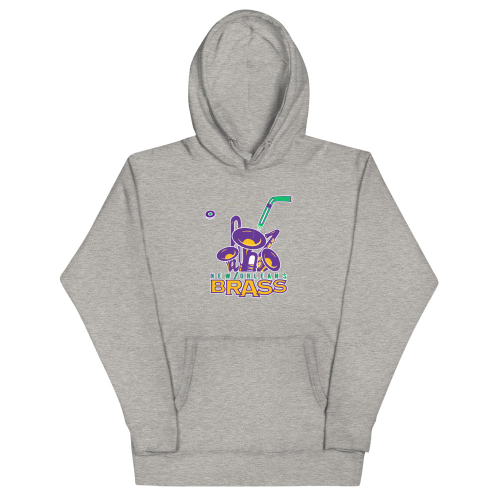 New Orleans Brass Hoodie (Premium) with the purple rabbit mascot over gold lettering on the front
