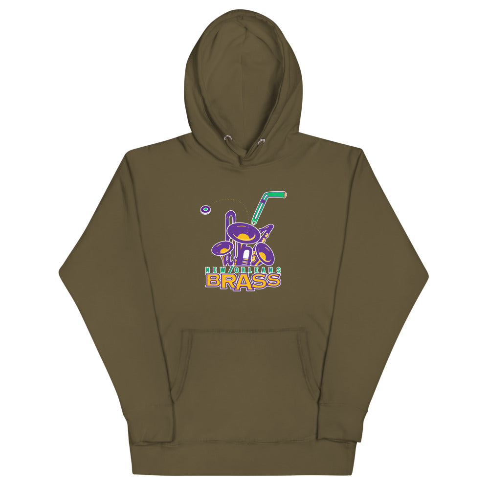 New Orleans Brass Hoodie (Premium) with the purple rabbit mascot over gold lettering on the front, view 2