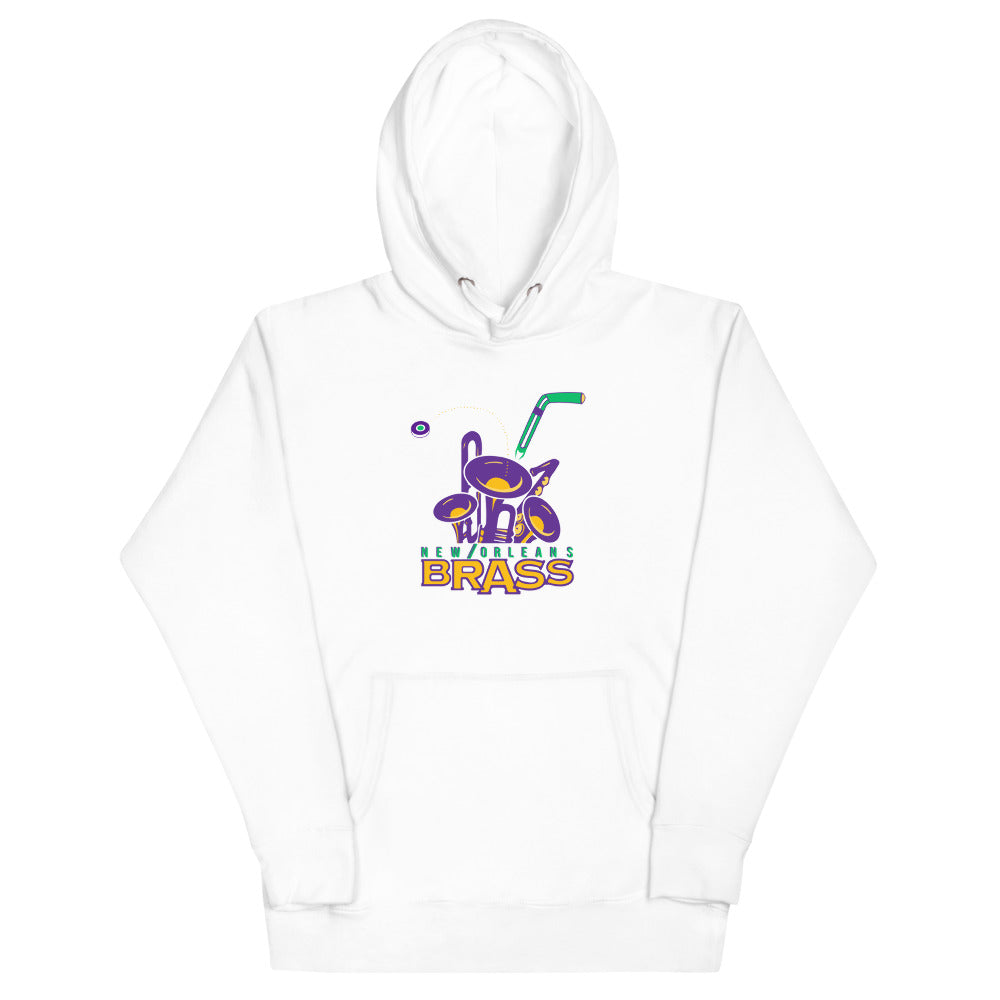 New Orleans Brass Hoodie (Premium) with the purple rabbit mascot over gold lettering on the front, view 3