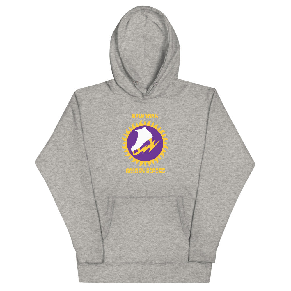 New York Golden Blades Hoodie (Premium) with the purple skate in a golden sunburst on the front, view 3