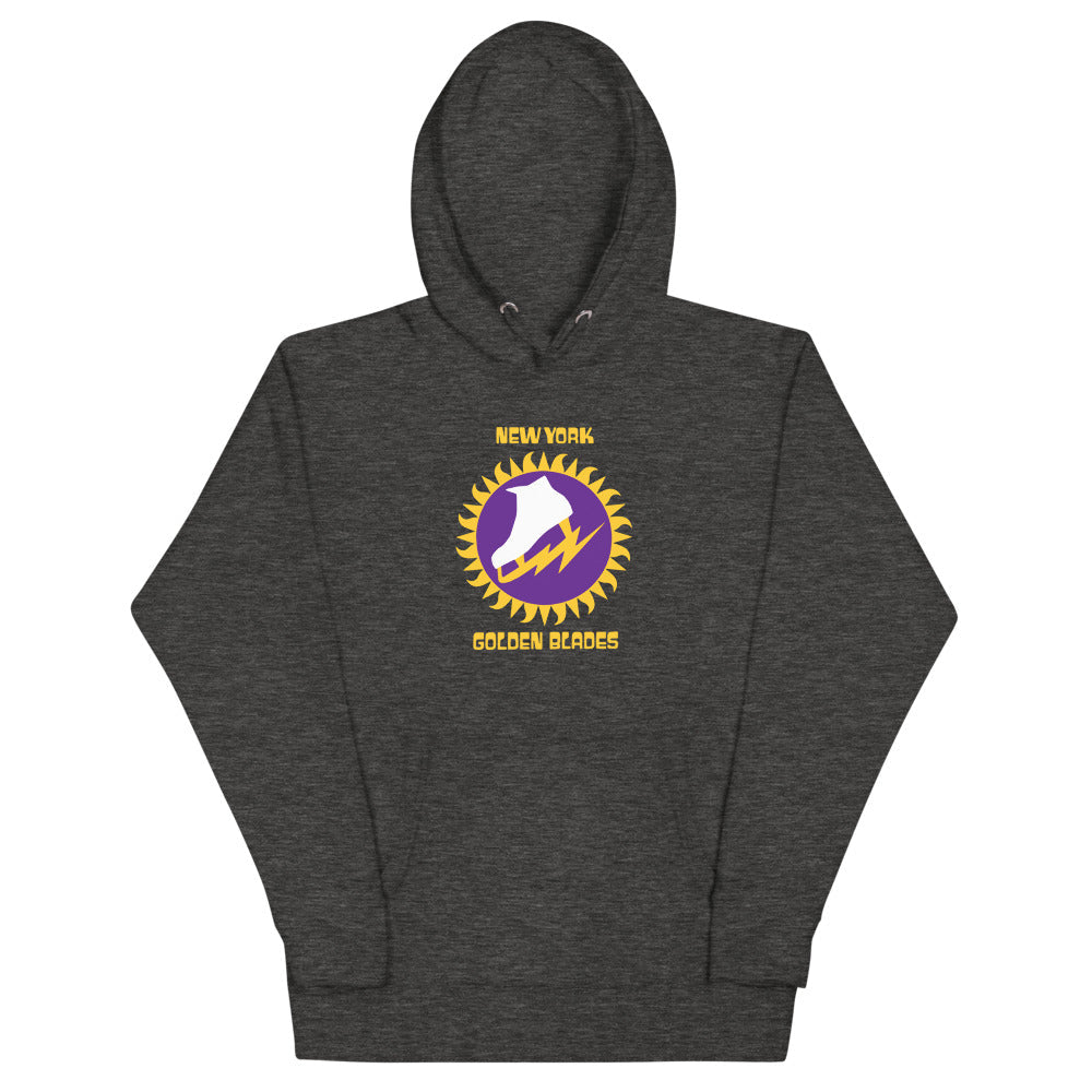 New York Golden Blades Hoodie (Premium) with the purple skate in a golden sunburst on the front, view 2