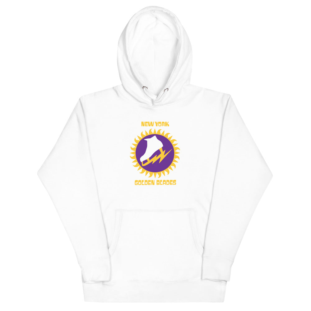 New York Golden Blades Hoodie (Premium) with the purple skate in a golden sunburst on the front, view 4