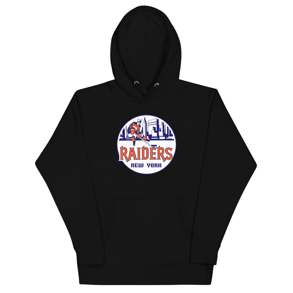 New York Raiders Hoodie (Premium) with the round skyline logo with a raider mascot on the front, view 5