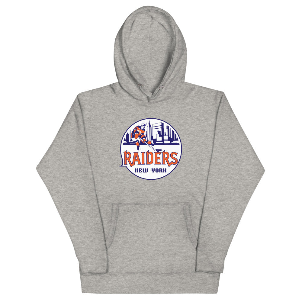 New York Raiders Hoodie (Premium) with the round skyline logo with a raider mascot on the front, view 2