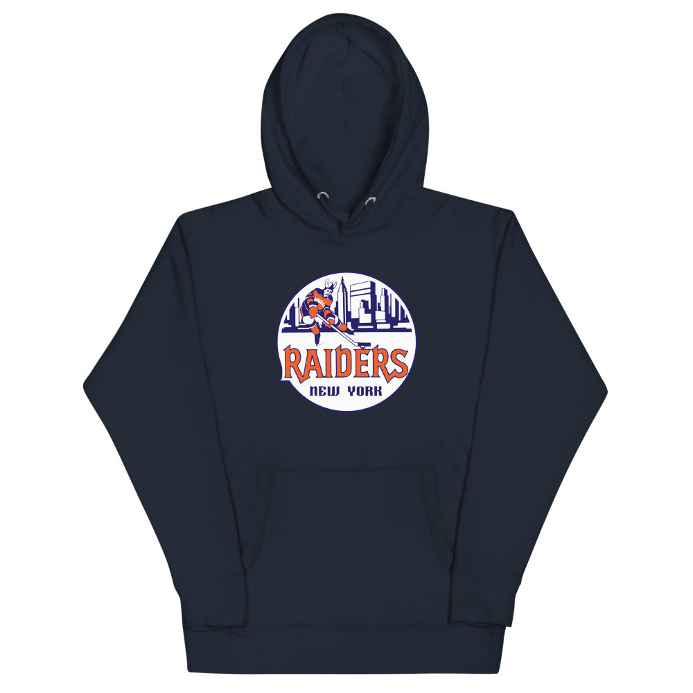 New York Raiders Hoodie (Premium) with the round skyline logo with a raider mascot on the front