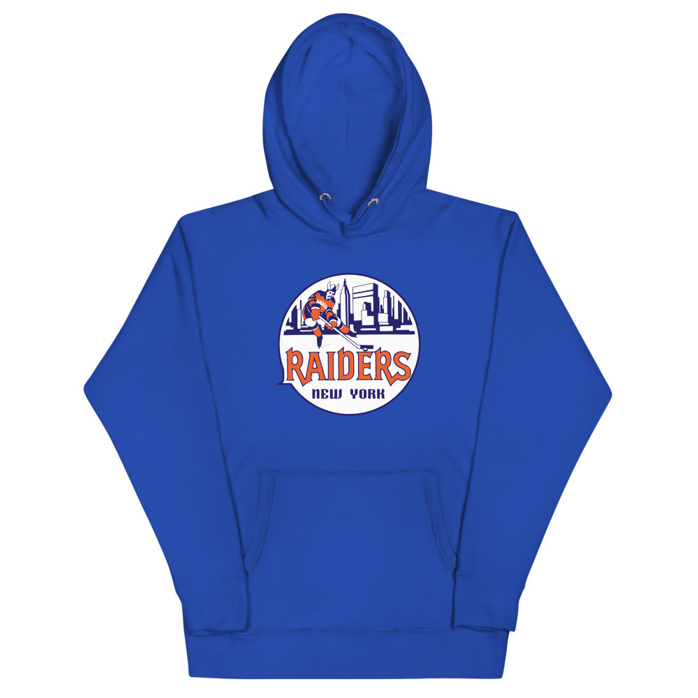 New York Raiders Hoodie (Premium) with the round skyline logo with a raider mascot on the front, view 3