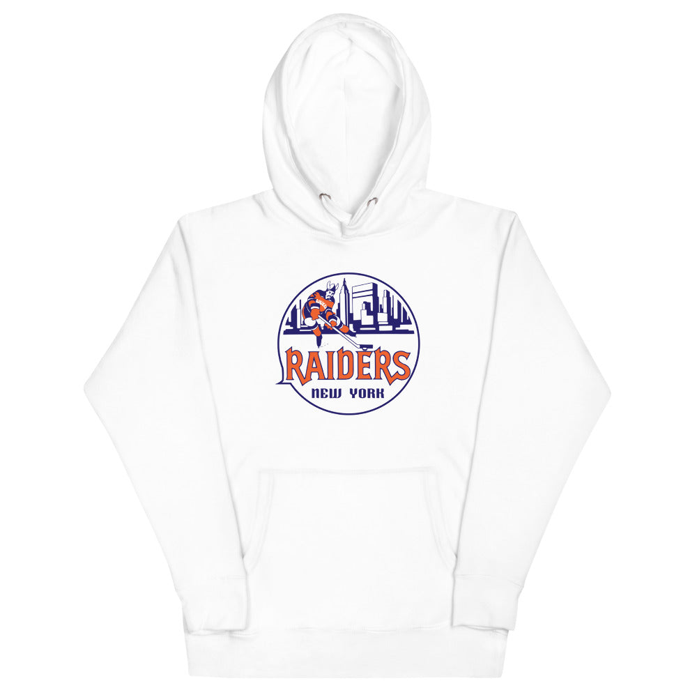 New York Raiders Hoodie (Premium) with the round skyline logo with a raider mascot on the front, view 4