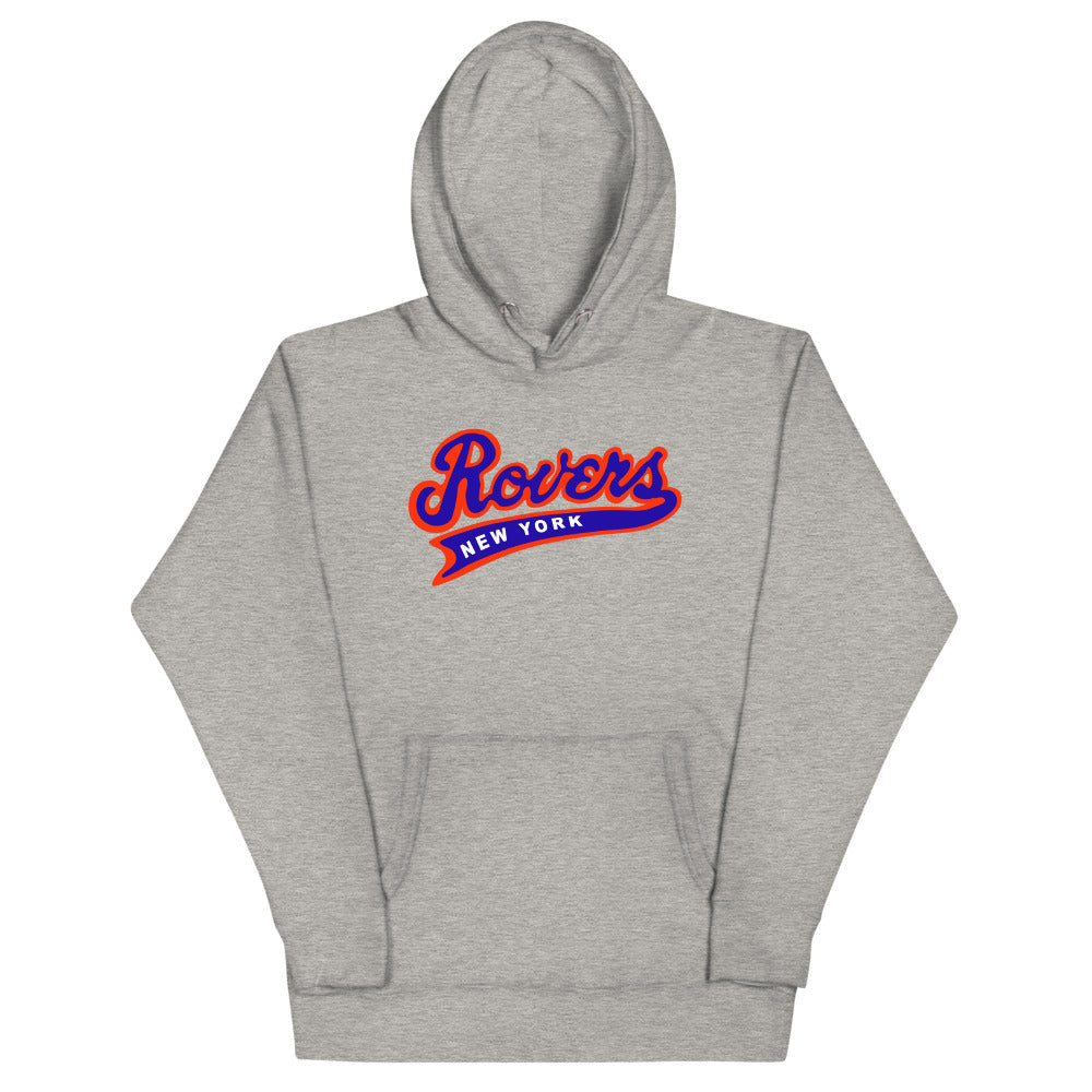 New York Rovers Hoodie (Premium) with the red script with a blue outline and tail on the front, view 2