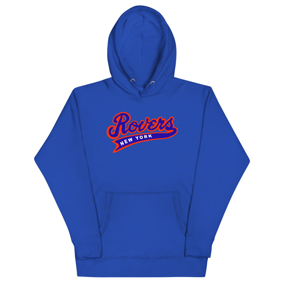New York Rovers Hoodie (Premium) with the red script with a blue outline and tail on the front