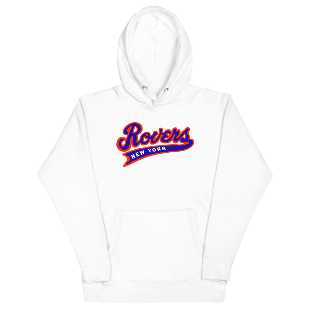 New York Rovers Hoodie (Premium) with the red script with a blue outline and tail on the front, view 3
