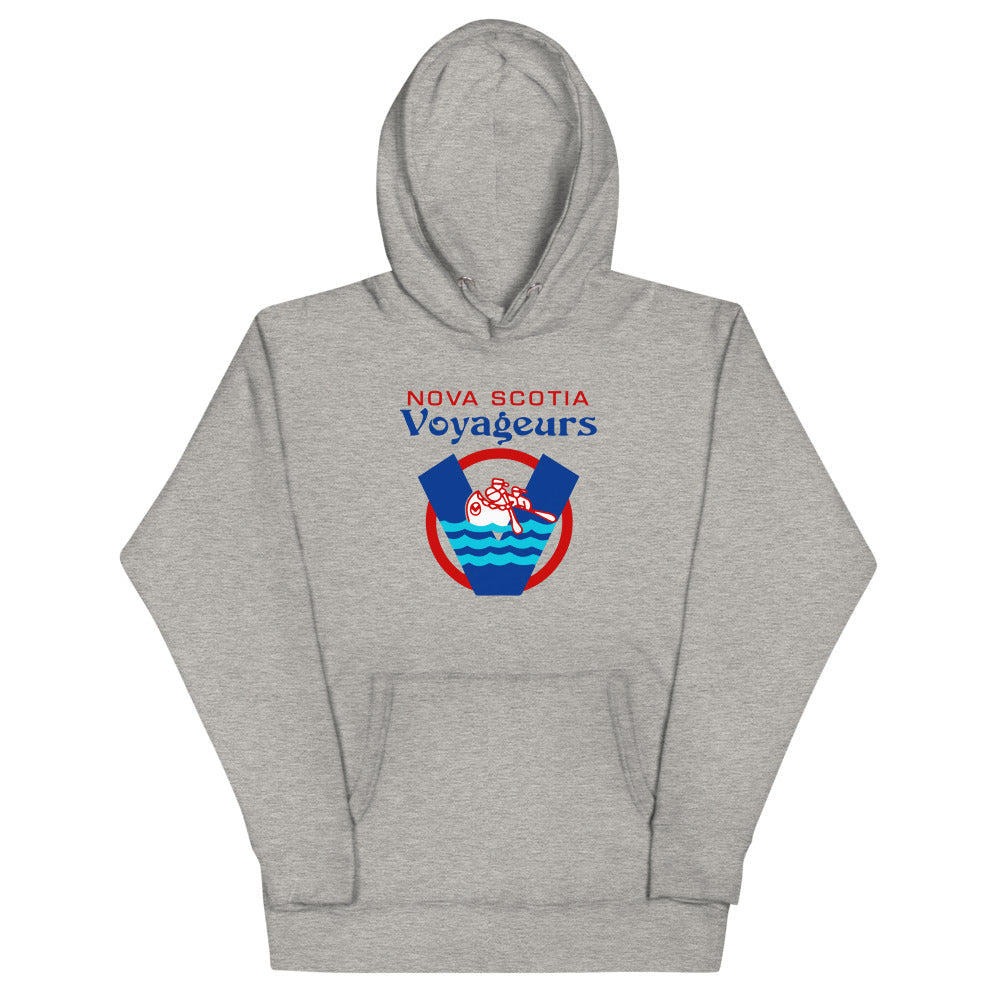 Nova Scotia Voyageurs Hoodie (Premium) with the blue V over waves in a red circle on the front, view 2