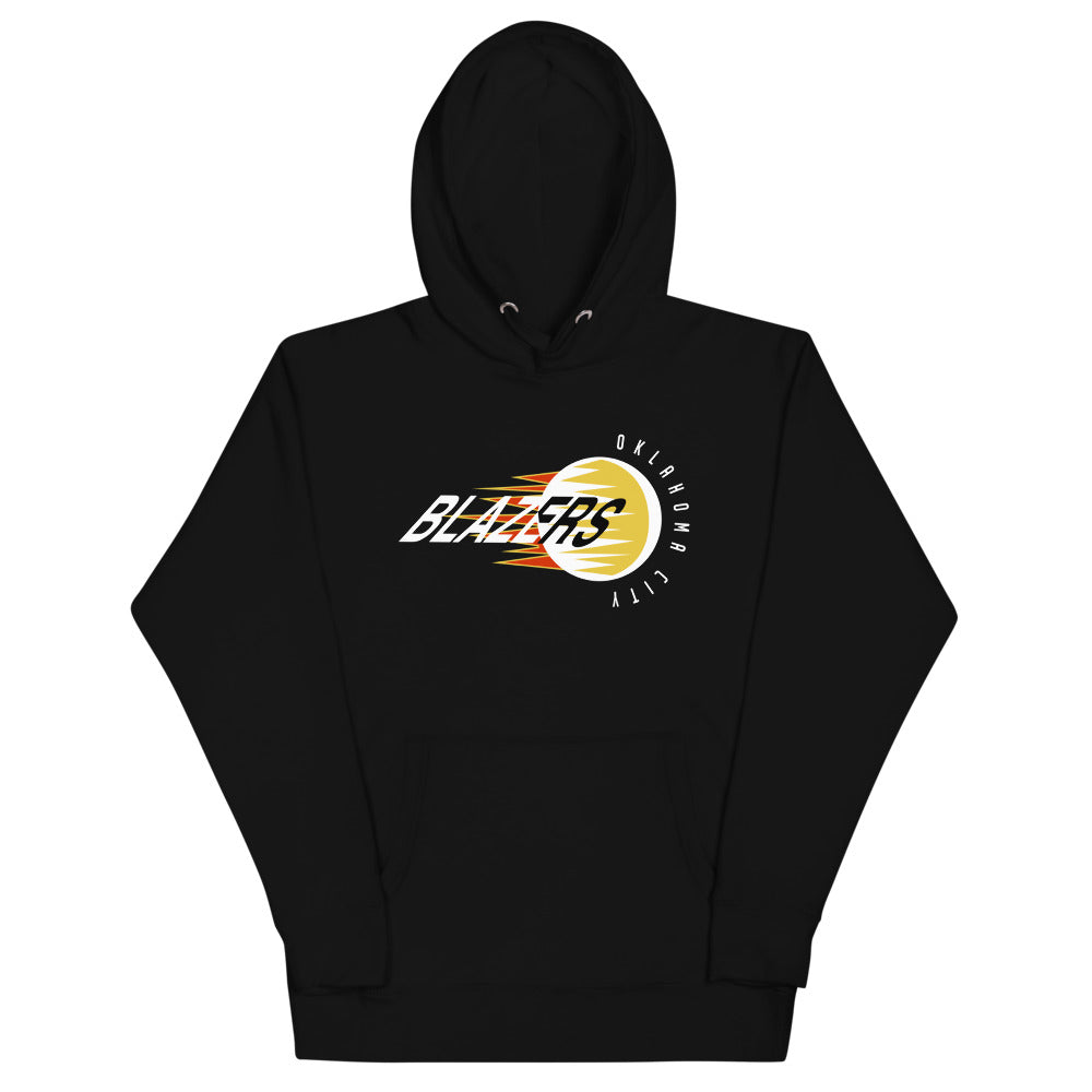 Oklahoma City Blazers 1990s Hoodie (Premium) with the blazing gold puck with italic Blazers lettering on the front