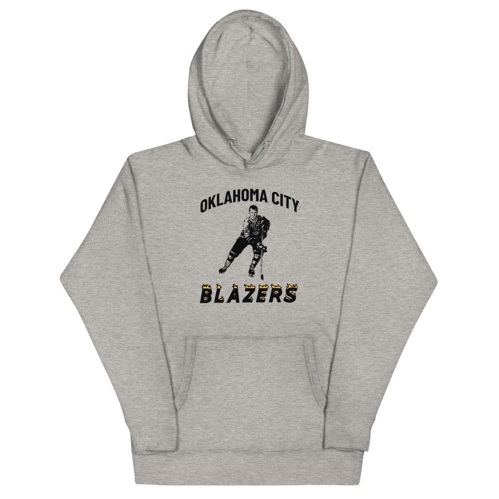 Oklahoma City Blazers Hoodie (Premium) with the vintage skater photo and black block lettering on the front
