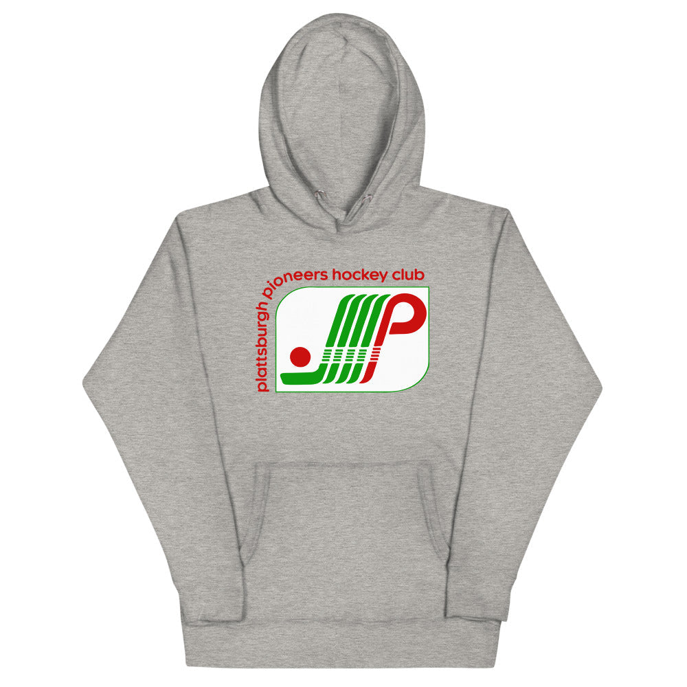 Plattsburgh Pioneers Hoodie (Premium) with the green and red striped P logo on the front, view 2