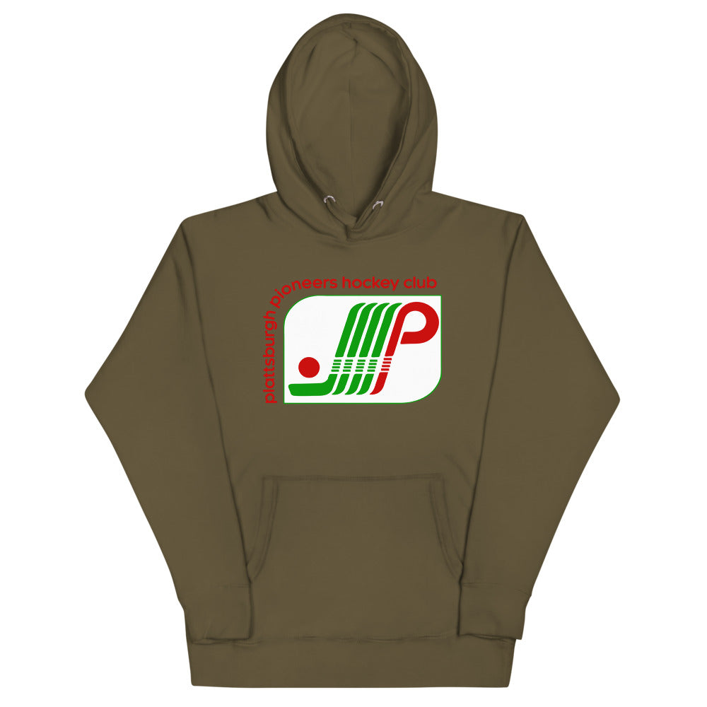 Plattsburgh Pioneers Hoodie (Premium) with the green and red striped P logo on the front