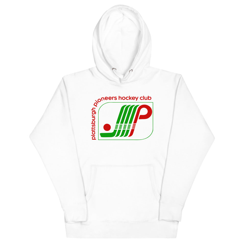 Plattsburgh Pioneers Hoodie (Premium) with the green and red striped P logo on the front, view 3