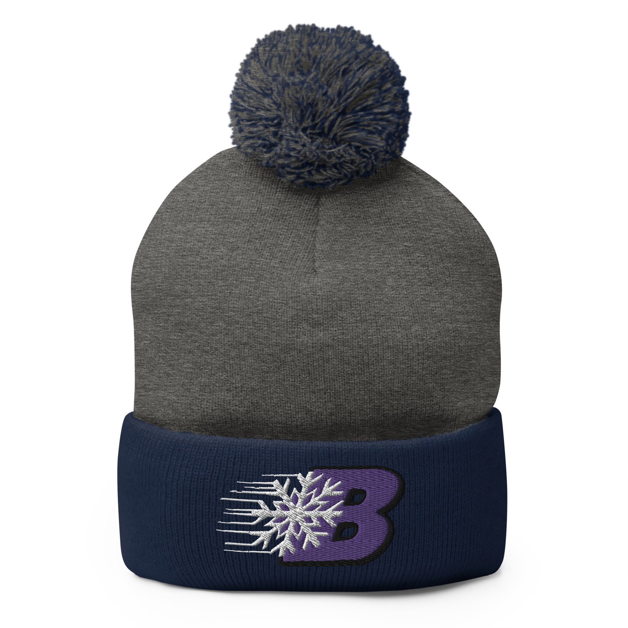 CLEARANCE Huntington Blizzard Beanie - One Size in navy/grey with the embroidered snowflake and purple B logo on the front