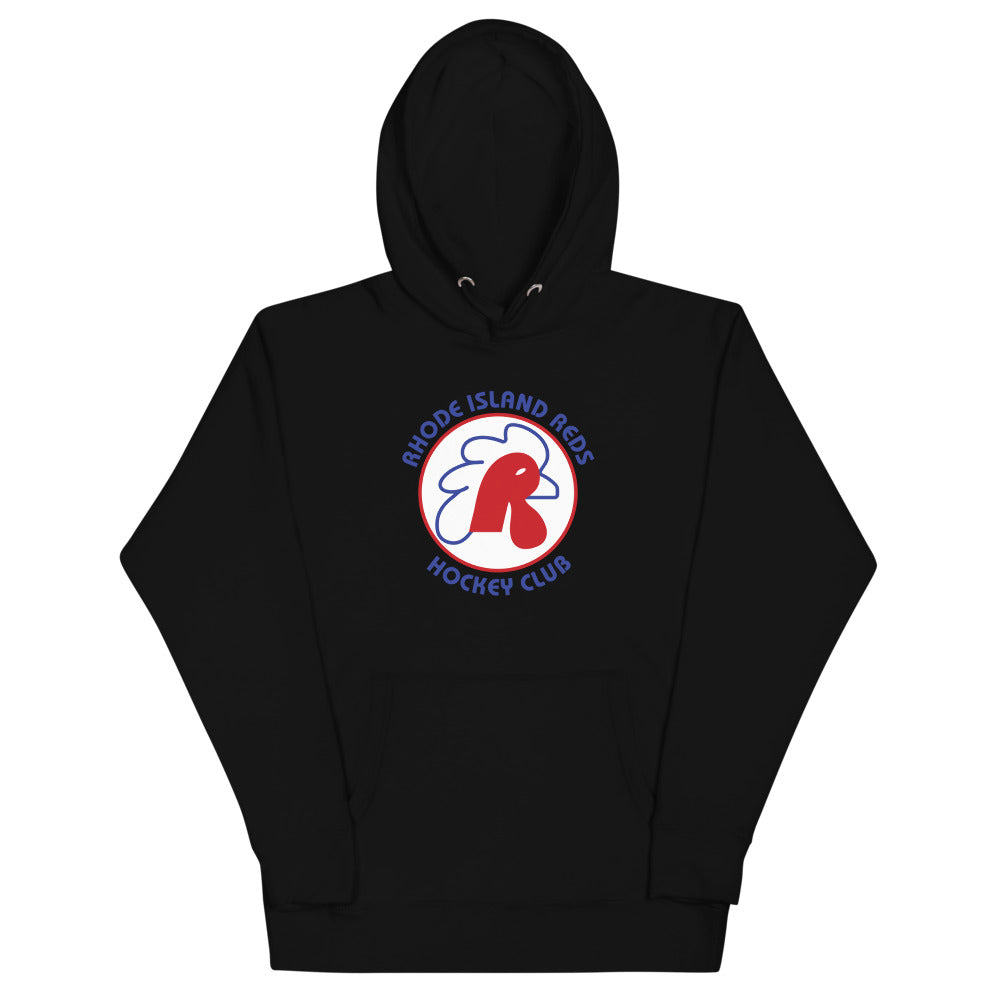Rhode Island Reds Hoodie (Premium) with the red rooster head in a ring of lettering on the front, view 5