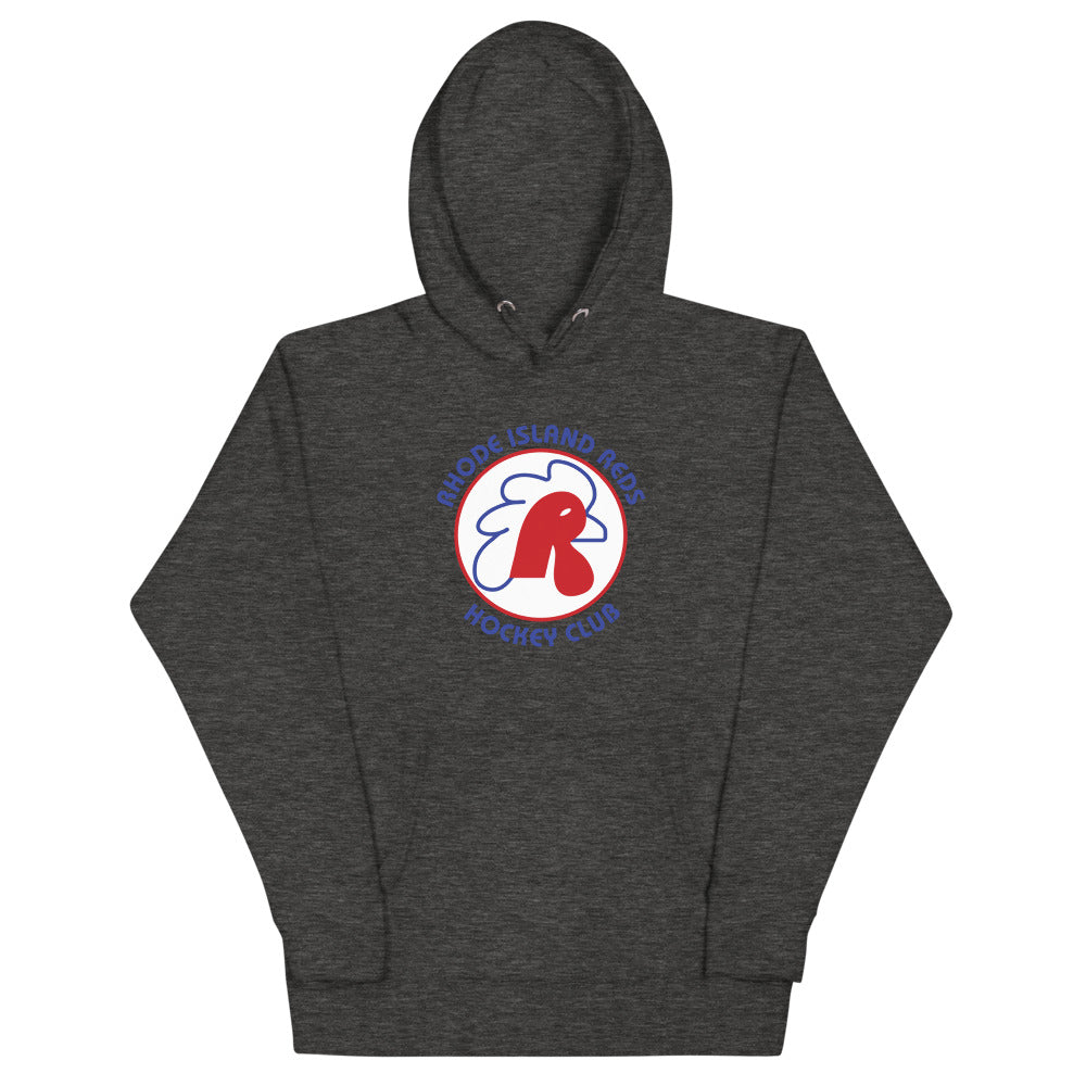 Rhode Island Reds Hoodie (Premium) with the red rooster head in a ring of lettering on the front, view 2
