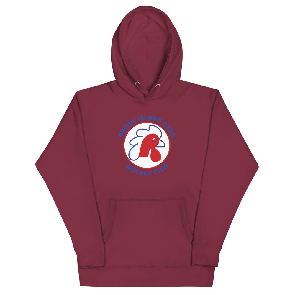 Rhode Island Reds Hoodie (Premium) with the red rooster head in a ring of lettering on the front, view 4