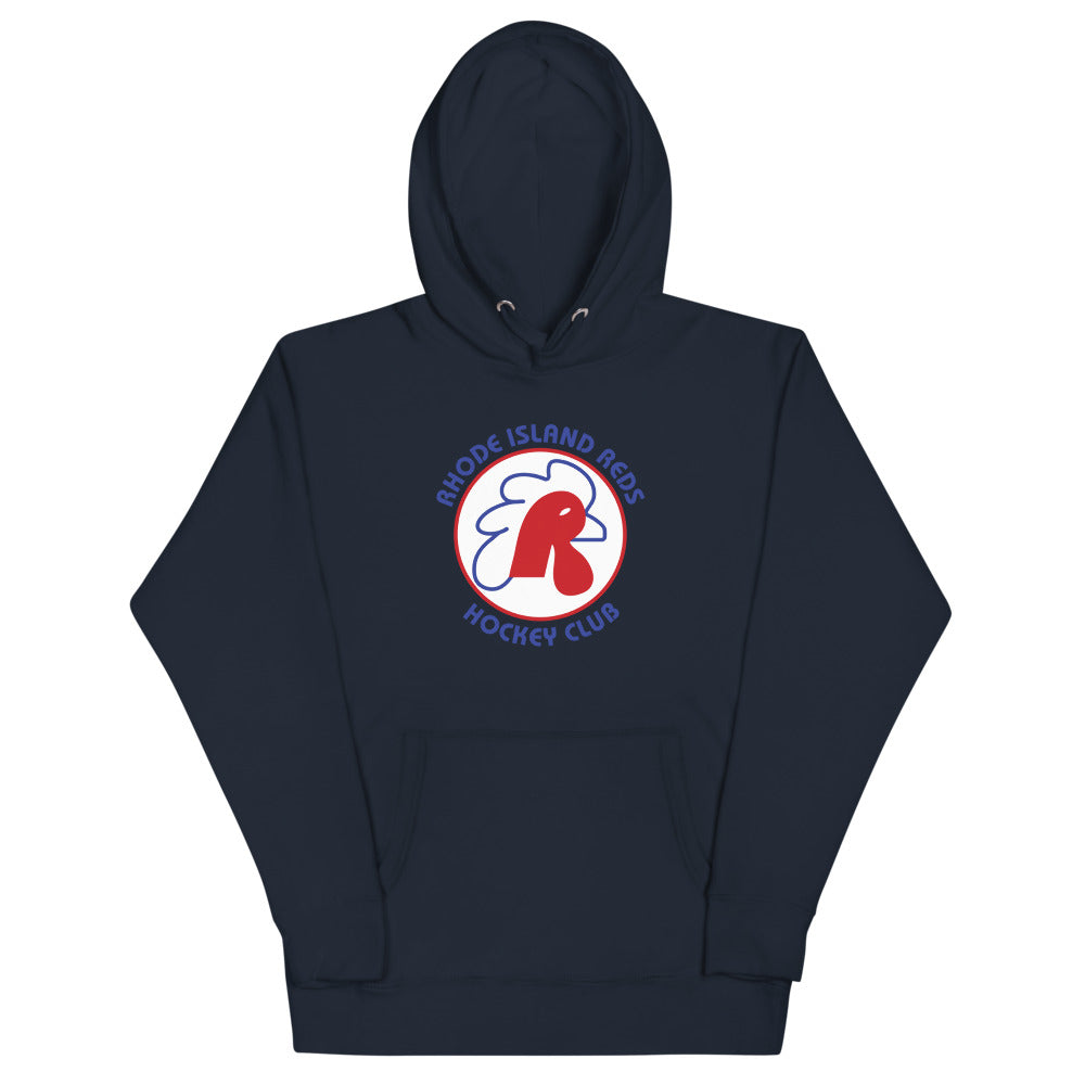 Rhode Island Reds Hoodie (Premium) with the red rooster head in a ring of lettering on the front